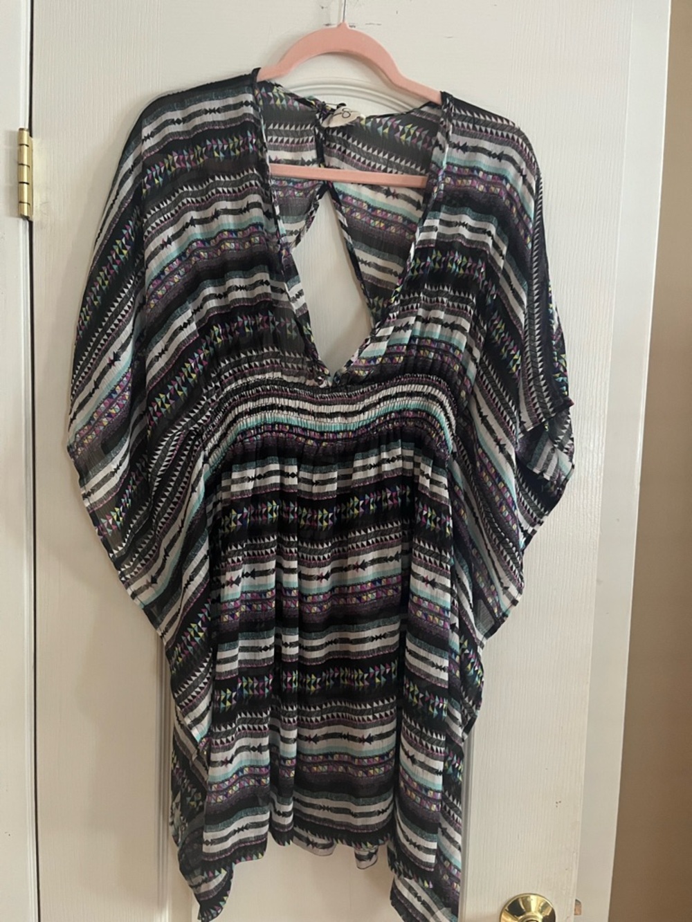 Jessica Simpson Black White Striped Swim Coverup with Purple & Teal Accents